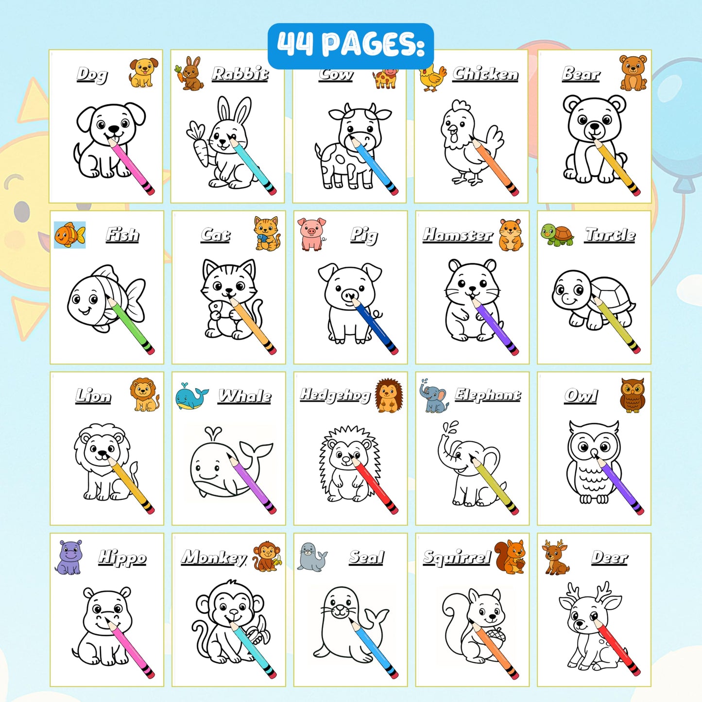 Coloring Book by Example for Toddlers Ages 2–4 | 44 Easy Animal Pages with Colored Guides | Learn to Color with Confidence | Spiral Bound | Thick 199 GSM Paper | 8.5 x 11 in
